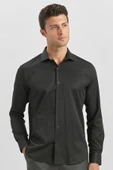 Siyah Uzun Kol Düz Bez Ayağı Yarım İtalyan Yaka Classic Slim Fit Gömlek 1004240268 thumbnail 5