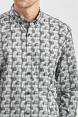Gri Uzun Kol Kendinden Desenli BASKILI Perfectto Düğmeli Yaka Classic Comfort Fit Gömlek 1004240251 thumbnail 4