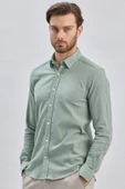 Açık Yeşil Uzun Kollu Biritli Yaka Biyeli Pamuklu Likralı Casual Slim Fit Gömlek 1004240232 - 4