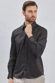 Siyah Uzun Kollu Sert Yaka Cepsiz Pamuklu Likralı Klasik Slim Fit Dar Kesim Gömlek 1004240234 thumbnail 3