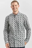 Gri Uzun Kol Kendinden Desenli BASKILI Perfectto Düğmeli Yaka Classic Comfort Fit Gömlek 1004240251 thumbnail 5