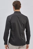 Siyah Uzun Kollu Sert Yaka Cepsiz Pamuklu Likralı Klasik Slim Fit Dar Kesim Gömlek 1004240234 thumbnail 5