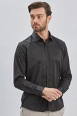 Siyah Uzun Kollu Sert Yaka Cepsiz Pamuklu Likralı Klasik Slim Fit Dar Kesim Gömlek 1004240234 thumbnail 2