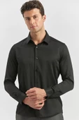 Siyah Uzun Kol Kendinden Desenli Armürlü 032 Sert Yaka Classic Slim Fit Gömlek 1004245153 thumbnail 2