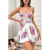 Lucky Life Beyaz Pırıltı Çiçekli Askılı Mini Gecelik - 6