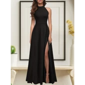 Lucky Life Kadın Halter Yaka Derin Yırtmaç Detaylı Tam Boy Ithal Krep Abiye Elbise - 2