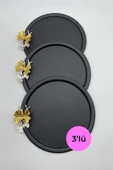 3'lü Kelebekli Yuvarlak Siyah Çay ve Kahve Sunum Tepsisi, Dekoratif Servis Tepsisi 22cm Tek kişilik - 1