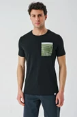 Siyah Baskılı Bez Ayağı Bisiklet Yaka %100 Pamuk Casual Slim Fit Dar Kesim Tişört 1011240169 - 1