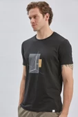 Siyah Baskılı Bez Ayağı Bisiklet Yaka %100 Pamuk Casual Slim Fit Dar Kesim Tişört 1011240167 - 2