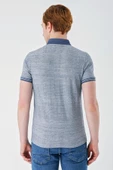 İndigo Mavi Desenli Jakarlı Düğmeli Yaka Cepli Casual Slim Fit Dar Kesim Tişört 1011240174 - 6