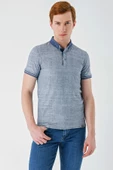 İndigo Mavi Desenli Jakarlı Düğmeli Yaka Cepli Casual Slim Fit Dar Kesim Tişört 1011240174 - 1