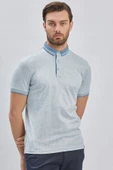 Koyu Mavi Desenli Merserize Düğmeli Yaka Pamuklu Casual Slim Fit Dar Kesim Tişört 1011240161 - 4