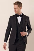 Siyah Desenli Çıkarılabilir Şal Yaka Yelekli 6 Drop Slim Fit Smokin Damatlık Takım 1001230210 thumbnail 3