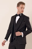 Siyah Desenli Çıkarılabilir Şal Yaka Yelekli 6 Drop Slim Fit Smokin Damatlık Takım 1001230210 thumbnail 4