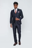 Koyu Lacivert Gabardin Kırlangıç Yaka Yelekli 6 Drop Slim Fit Takım Elbise 1001225176 - 2