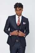Koyu Lacivert Gabardin Kırlangıç Yaka Yelekli 6 Drop Slim Fit Takım Elbise 1001225176 - 4