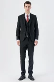 Siyah Armürlü Kırlangıç Yaka Yelekli Likralı 6 Drop Slim Fit Klasik Takım Elbise 1001240150 thumbnail 4