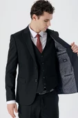 Siyah Armürlü Kırlangıç Yaka Yelekli Likralı 6 Drop Slim Fit Klasik Takım Elbise 1001240150 thumbnail 5