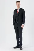 Siyah Armürlü Kırlangıç Yaka Yelekli Likralı 6 Drop Slim Fit Klasik Takım Elbise 1001240150 thumbnail 6
