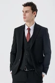Siyah Armürlü Kırlangıç Yaka Yelekli Likralı 6 Drop Slim Fit Klasik Takım Elbise 1001240150 thumbnail 3