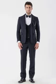 Koyu Lacivert Desenli Armürlü Kruvaze 6 Drop Slim Fit Smokin Damatlık Takım 1001230214 - 4