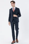 Koyu Lacivert Çizgili Mono Yaka Yelekli 6 Drop Slim Fit Dar Kesim Klasik Takım Elbise 1001235160 - 4