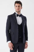 Koyu Lacivert Desenli Armürlü Kruvaze 6 Drop Slim Fit Smokin Damatlık Takım 1001230214 - 3