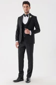 Siyah Desenli Armürlü Kruvaze 6 Drop Slim Fit Smokin Damatlık Takım 1001230214 - 8