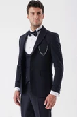Koyu Lacivert Desenli Armürlü Kruvaze 6 Drop Slim Fit Smokin Damatlık Takım 1001230214 - 2