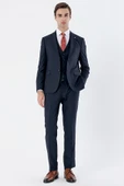 Koyu Lacivert Çizgili Mono Yaka Yelekli 6 Drop Slim Fit Dar Kesim Klasik Takım Elbise 1001235160 - 2