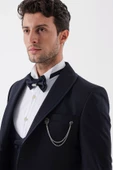 Koyu Lacivert Desenli Armürlü Kruvaze 6 Drop Slim Fit Smokin Damatlık Takım 1001230214 - 6