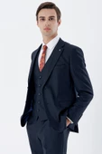 Koyu Lacivert Çizgili Mono Yaka Yelekli 6 Drop Slim Fit Dar Kesim Klasik Takım Elbise 1001235160 - 3