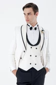 Beyaz Desenli Armürlü Kruvaze 6 Drop Slim Fit Smokin Damatlık Takım 1001230214 - 3