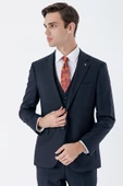 Koyu Lacivert Çizgili Mono Yaka Yelekli 6 Drop Slim Fit Dar Kesim Klasik Takım Elbise 1001235160 - 7
