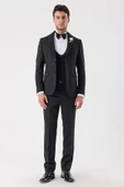 Siyah Desenli Armürlü Kruvaze 6 Drop Slim Fit Smokin Damatlık Takım 1001230214 - 7