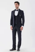 Koyu Lacivert Desenli Armürlü Kruvaze 6 Drop Slim Fit Smokin Damatlık Takım 1001230214 - 5