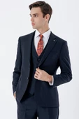 Koyu Lacivert Çizgili Mono Yaka Yelekli 6 Drop Slim Fit Dar Kesim Klasik Takım Elbise 1001235160 - 5