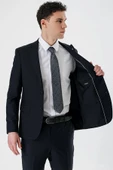 Koyu Lacivert Kırlangıç Yaka Yünlü Likralı 6 Drop Slim Fit Dar Kesim Klasik Takım Elbise 1001240158 - 5