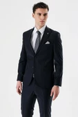 Koyu Lacivert Kırlangıç Yaka Yünlü Likralı 6 Drop Slim Fit Dar Kesim Klasik Takım Elbise 1001240158 - 1