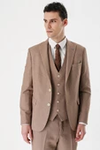 Camel Desenli Kırlangıç Yaka Yelekli 6 Drop Slim Fit Dar Kesim Klasik Takım Elbise 1001240157 - 5