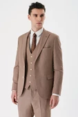 Camel Desenli Kırlangıç Yaka Yelekli 6 Drop Slim Fit Dar Kesim Klasik Takım Elbise 1001240157 - 3