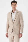 Açık Bej Mono Yaka Çift Yırtmaç Likralı 6 Drop Slim Fit Dar Kesim Klasik Takım Elbise 1001240164 - 5