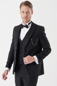 Siyah Armürlü Çıkarılabilir Mono Yaka Yelekli 6 Drop Slim Fit Smokin Damatlık Takım 1001230202 thumbnail 3