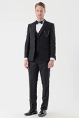 Siyah Armürlü Çıkarılabilir Mono Yaka Yelekli 6 Drop Slim Fit Smokin Damatlık Takım 1001230202 thumbnail 4