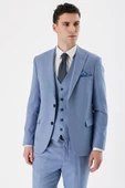 Mavi Desenli Kırlangıç Yaka Yelekli 6 Drop Slim Fit Dar Kesim Klasik Takım Elbise 1001240157 - 2