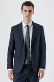Koyu Lacivert Kırlangıç Yaka Yünlü Likralı 6 Drop Slim Fit Dar Kesim Klasik Takım Elbise 1001235175 - 4