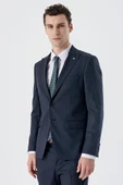 Koyu Lacivert Kırlangıç Yaka Yünlü Likralı 6 Drop Slim Fit Dar Kesim Klasik Takım Elbise 1001235175 - 2