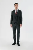 Koyu Antrasit Kırlangıç Yaka Yelekli Likralı 6 Drop Slim Fit Klasik Takım Elbise 1001240167 - 5