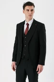 Siyah Kırlangıç Yaka Yelekli Likralı 6 Drop Slim Fit Dar Kesim Klasik Takım Elbise 1001240167 - 1