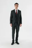 Koyu Antrasit Kırlangıç Yaka Yelekli Likralı 6 Drop Slim Fit Klasik Takım Elbise 1001240167 - 6